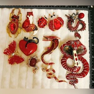 Lot 11 Red Enamel Animal Pins Rhinestone Snake Cobra Fox Dragon Butterfly Beetle